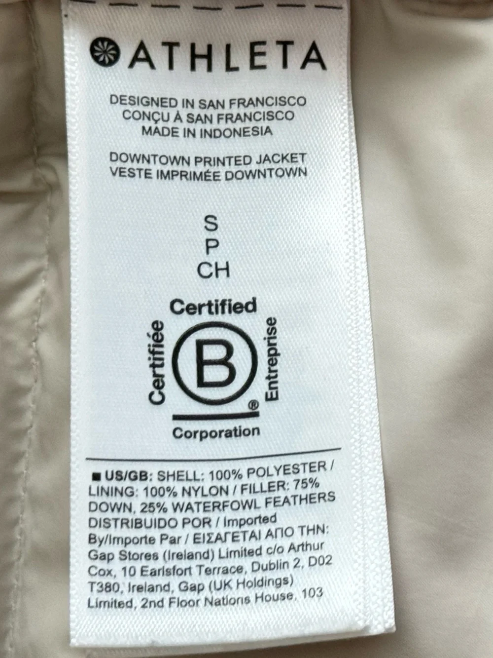 Athleta Downtown Printed Jacket Womens S Cream Grey  Puffer Coat Cozy Winter EUC